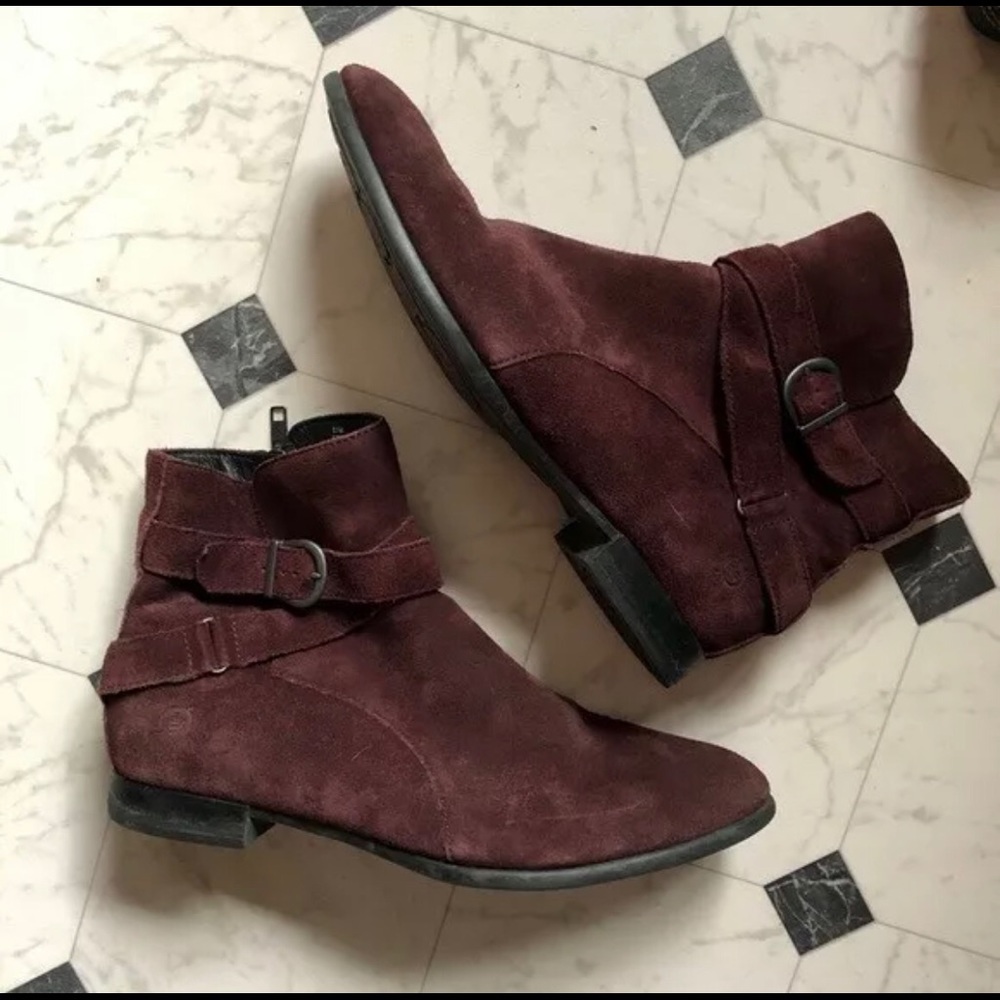 BORN LEATHER RED MAROON WRAP BUCKLE ANKLE BOOTIES